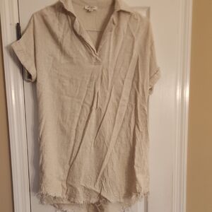 Umgee Beige Button Down Long Shirt /dress with Frayed Hem
